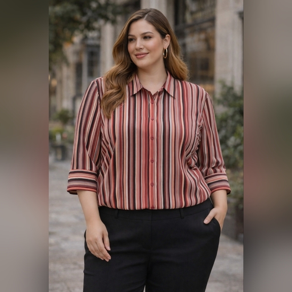Striped Blouse Womens 1X Button Front Top Business Casual Chic Work - Picture 5 of 9